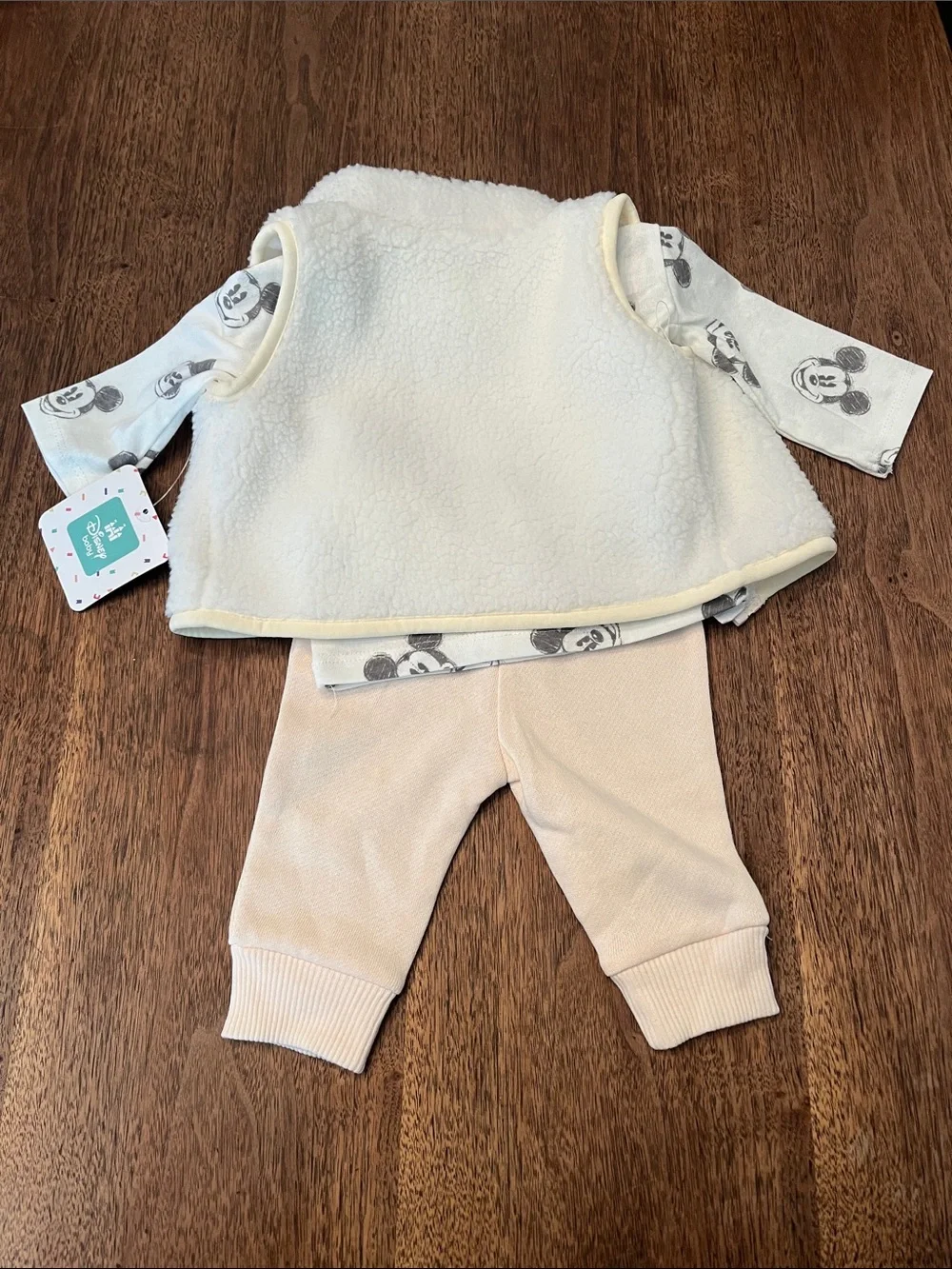 Disney Baby Cream & Light Blue Mickey 3-Piece Outfit